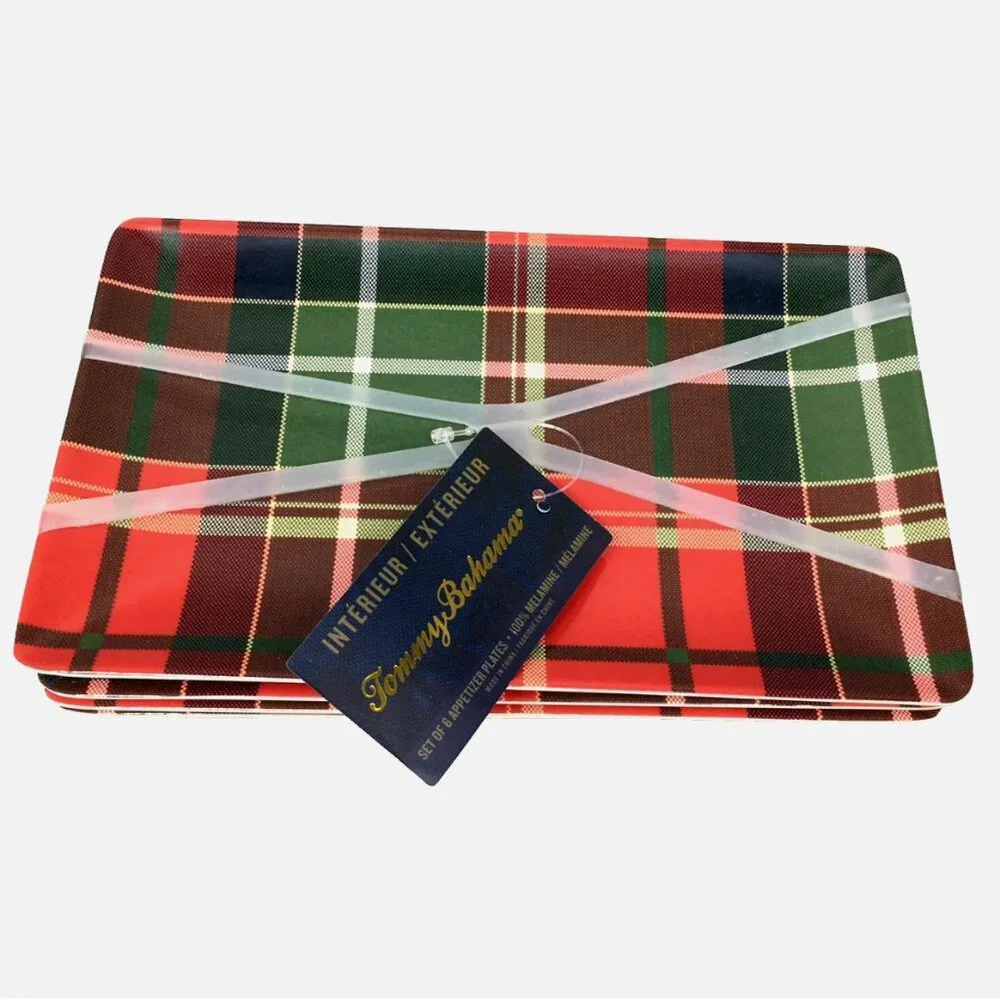 x6 TOMMY BAHAMA Red Tartan Plaid Melamine Appetizer Snack Plate Set Christmas